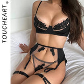 Toucheart Mesh Lingerie Embroidery Slim High Waisted Premium Romantic Private Underwear Set
