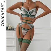 Toucheart Adult Set Contrasting Green Leaf Lace Underwear Micro Perspective Bra Garter Stockings Set