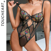 Toucheart Bodysuit Embroidery Floral Bow Knot Lace See-through Bodysuit Set