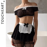 Toucheart Bow Knot Maid Uniform Set Lace Mesh See-through Contrast Color Underwear Cosplay Maid Set