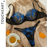 Toucheart Bra Underwear Set Embroidery Butterfly Printing Mesh Perspective Underwear Suit