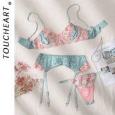Toucheart Embroidery Underwear Set Lace Flowers Mesh See-through Garters 3 Piece Underwear Set