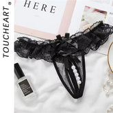 Toucheart Massage Beads Thong Lingerie Open Crotch Underwear Lady Crotchless Lace Panties With Bow Lingerie