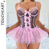 Toucheart Lingerie with Mesh Skirt Leopard Print Bow Knot Decor Backless Romantic Underwear