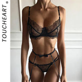 Toucheart Lingerie 3-piece Set Embroidered Lace Bow Garter Belt Solid Color Transparent Underwear Set