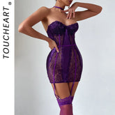Toucheart Lace Jumpsuit Set Solid Color Mesh Underwear Stocking Garters Nightgown Strapless Underwear Set