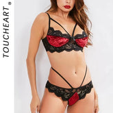 Toucheart Lace Lingerie Mesh Perspective Underwear Set Contrast Color Bra Suit