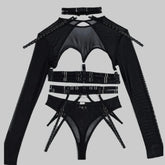 Toucheart Lingerie 3-Piece Set Mesh Material Halter Girdle Kit Mesh Long Sleeves Underwear Suit