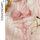 Toucheart Lingerie Comfortable Ultra-Thin Lace Printing Mesh Semi-Transparent Push-Up Pink Underwear Set