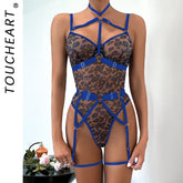 Toucheart Lingerie Leopard Print See-Through Mesh Strappy Underwire Garters Body-Shaping Bodysuit