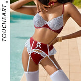 Toucheart Lingerie Lace Mesh Bow Knot Underwear Suit Solid Color Garter Stockings Steel Ring Underwear