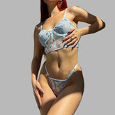 Toucheart Lingerie Mesh Embroidered Flowers Underwire Fishbone Floral Transparent Lace Underwear Lingerie Suit