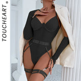 Toucheart Lingerie Onesie Suit Solid Color Mesh Lace Up See-through Underwear Suit Gloves Garters Underwear