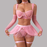 Toucheart Lingerie Pure Girly Style Pink See-through Mesh Skirt Uniform with Gloves Body Shaping Lingerie Set