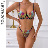 Toucheart Lingerie Set Flower Embroidered Printing Mesh See-Through Stitching Bra Underwear Set