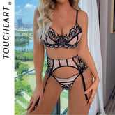 Toucheart Lingerie Set Mesh Lace Underwear with Ring Waist Seal Underwear Exotic Style Suit