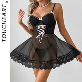 Toucheart Lingerie Set Lace Spliced Mesh See-through Bow Ribbon Dress Nightgown Two-piece Set Sling Dress Set