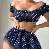 Toucheart Lingerie Suit Bow Knot Mesh Polka Dot Off-shoulder Polka Skirt Exposed Navel Underwear