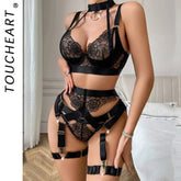 Toucheart Lingerie Suit Solid Color Mesh See-through Slim Fit Tempting Underwear 5-piece Set Garters Lingerie