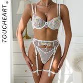 Toucheart Lingerie Suit Bow Knot Embroidery Underwear Suit Garters Underwear Suit