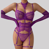 Toucheart Lingerie Suit Lace Halter Bra Set Solid Color Mesh See-through Garters Underwear Set