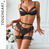 Toucheart Lingerie Suit Mesh See-through Underwear 3-piece Set Garters Underwear Suit