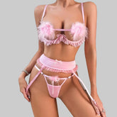 Toucheart Lingerie Suit Mesh Perspective Splicing Feather Solid Color Garters Lingerie 3-piece Set
