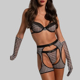 Toucheart Lingerie Suit Bra Set Plaid Lingerie Four-piece Set Underwear Set