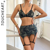 Toucheart Lingerie Suit Snake Print Garters Underwear 4-piece Set Exotic Fancy Underwear Uniform Set