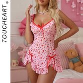 Toucheart Lingerie Suit Sling Nightgown Pink Love Print Cute Sweet Pure Pajamas Thong Night Dress