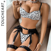 Toucheart Lingerie Leopard Print Steel Bra with Feather Waist Seal and Lingerie Set