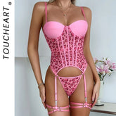 Toucheart Mesh Embroidery Pink Love Underwear Garters Slim Spaghetti Strap Backless High Waisted Set