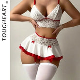 Toucheart Mesh Underwear Set Bow Knot Mesh Lace Garters Exposed Navel Underwear System Set