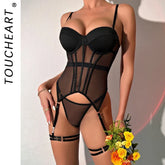 Toucheart Mesh Jumpsuit Set Solid Color Garters Mesh See-through Underwear Set Exotic Suspender Bodysuit Set