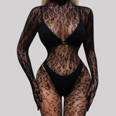 Toucheart Mesh Jumpsuit Underwear Long-sleeved Jumpsuit Fishnet Top with Closed Crotch Perspective Jumpsuit