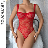Toucheart Mesh Embroidery Jumpsuit Lace Sling Underwear Solid Color See-Through Backless Jumpsuit