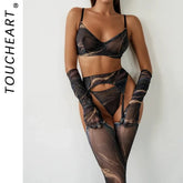 Toucheart Mesh Printing Lingerie Suit 5-piece Set Gloves Stockings Underwear Set Exotic Garters Underwear