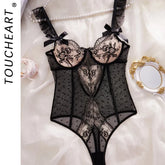 Toucheart Mesh See-Through Lingerie Tempting Lace Embroidery Splicing Bow Knot Polka Dots Mesh Sling Jumpsuit