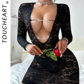 Toucheart Mesh See-through Nightgown Deep V-neck Lace Solid Color Long Sleeve Pajamas Underwear Set
