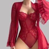 Toucheart Pajamas Nightgowns Solid Color Long Sleeves Lace Up Lace Perspective Jumpsuit Shawl Two-piece Set