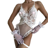 Toucheart Sling Bodysuit Open Crotch See-through Lace Plunge Erotic Bodysuit