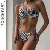 Toucheart Stripe Lingerie Suit Lace Up Mesh See-through One-shoulder Split Swimsuit Underwear