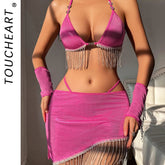 Toucheart Tassel Lingerie Perspective Lace-up Halter Neck Exposed Waist Splicing Chain Hip-wrapped Underwear