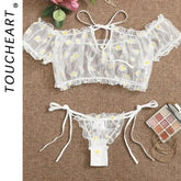 Toucheart Underwear Lace Lingerie Set Off-Shoulder Small Chest Bralette+Thong Beachwear Transparent Bra Set