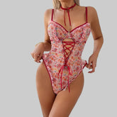 Toucheart Lace Backless Babydoll Bodysuit Wrap Dress High Waisted Printing Bow Knot Babydoll Bodysuit