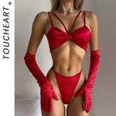 Toucheart Valentine's Day Lingerie Panty with Gloves 3PCS Erotic Slim Backless Intimate Underwear Set
