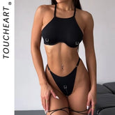 Toucheart Bikini Metal Decor Solid Color Triangle Body Shaping High Waisted Leisure Delicate Intimate Split Swimsuit Kit