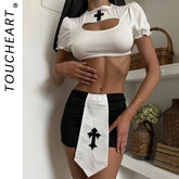 Toucheart Cosplay Nun's Uniform Set Slim High Waisted Plunge Nun's