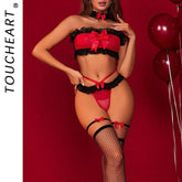 Toucheart Erotic Lingerie Thong with Stockings Lace See-through Contrastcolor Slim Bow Knot Decor Underwear