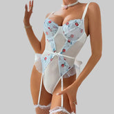 Toucheart Bodysuit Lace Printing See-through Plunge Romantic Girls Leisure Sling Jumpsuit Set